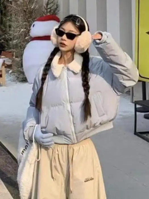 

Women's Winter Versatile Casual Cotton Coat Bread Sle ular Embroidered Design Retro Lamb Fur Collar ort Cotton