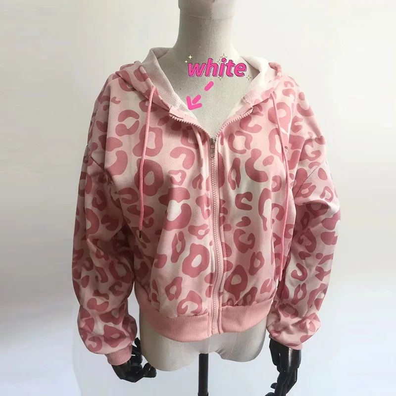 Preppy Style Pink Sweatshirts Leopard Print Y2K Harajuku Oversized Hoodies Women Vintage Casual Zipper Cropped Jacket Tops Cute