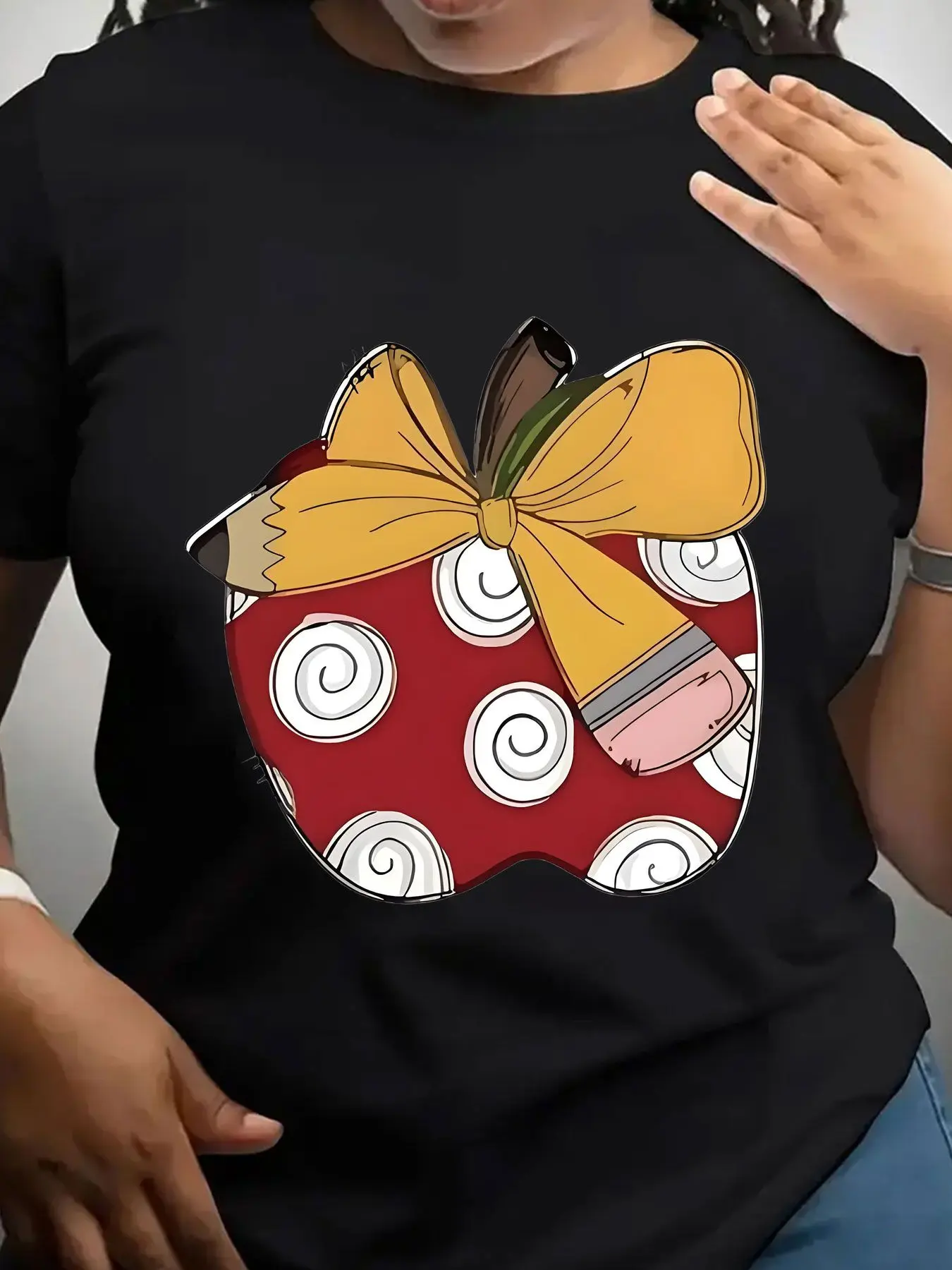 Women's Trendy Crew Neck T-Shirt Red Apple with Yellow Pencil Bow Suitable for Casual Sportswear