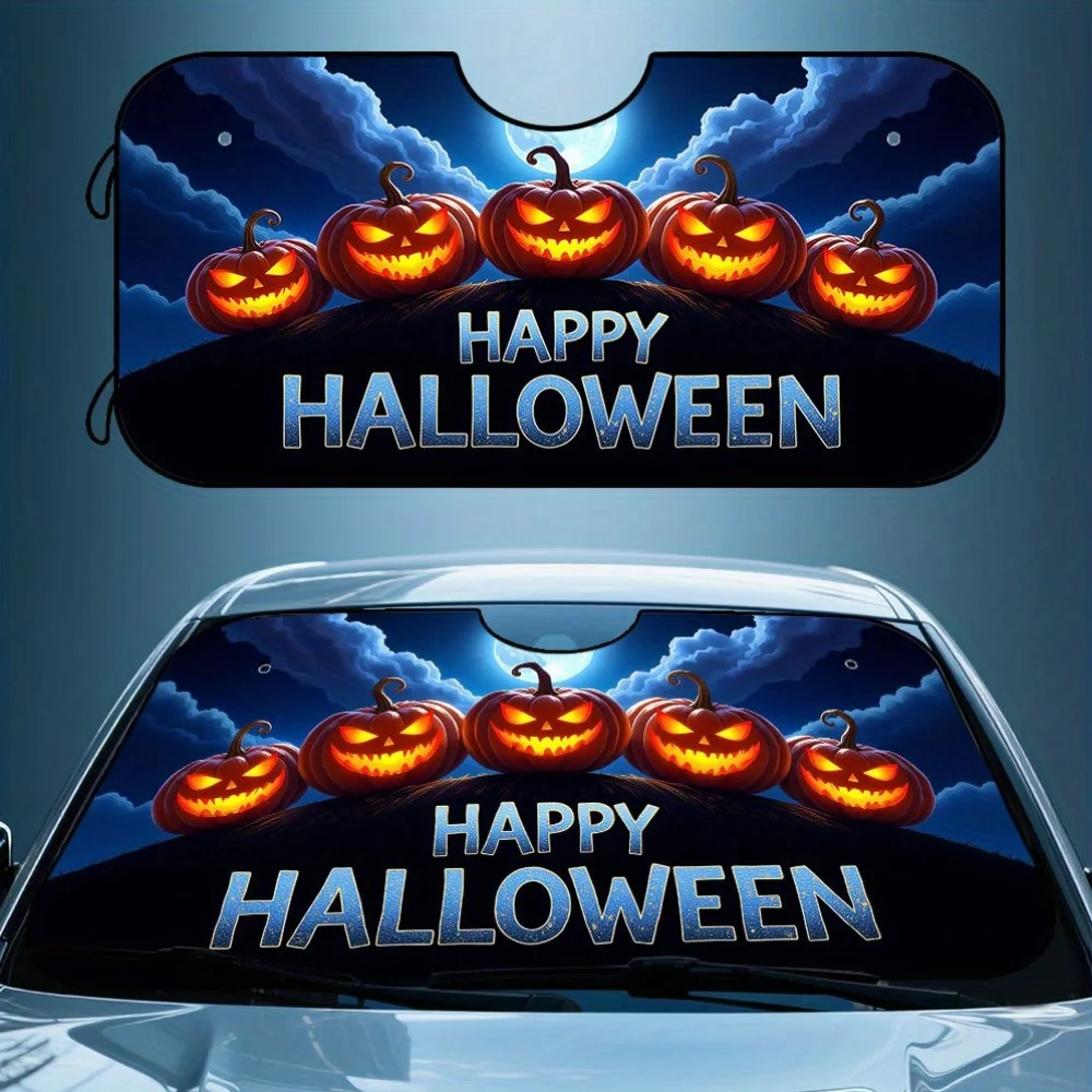 

1pc Halloween Car Windshield Sunshade - Spooky Pumpkin Moon Design With "Happy Halloween" Text, Foldable Front Window Visor For