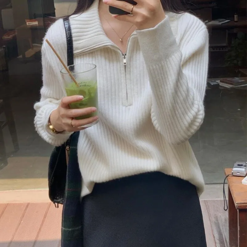 

Women Pulovers Autumn Winter Female Oversize Sweater Turtleneck Zippers Solid White Loose Thick Fashion Women Sweaters 2025