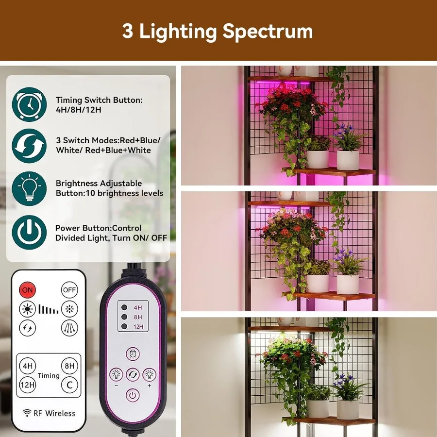 حامل نبات زاوية كبير مقاس 63 بوصة مع 4 مصابيح مدمجة وألواح شبكية سلكية للنباتات الداخلية 3 ألوان بإضاءة كاملة الطيف