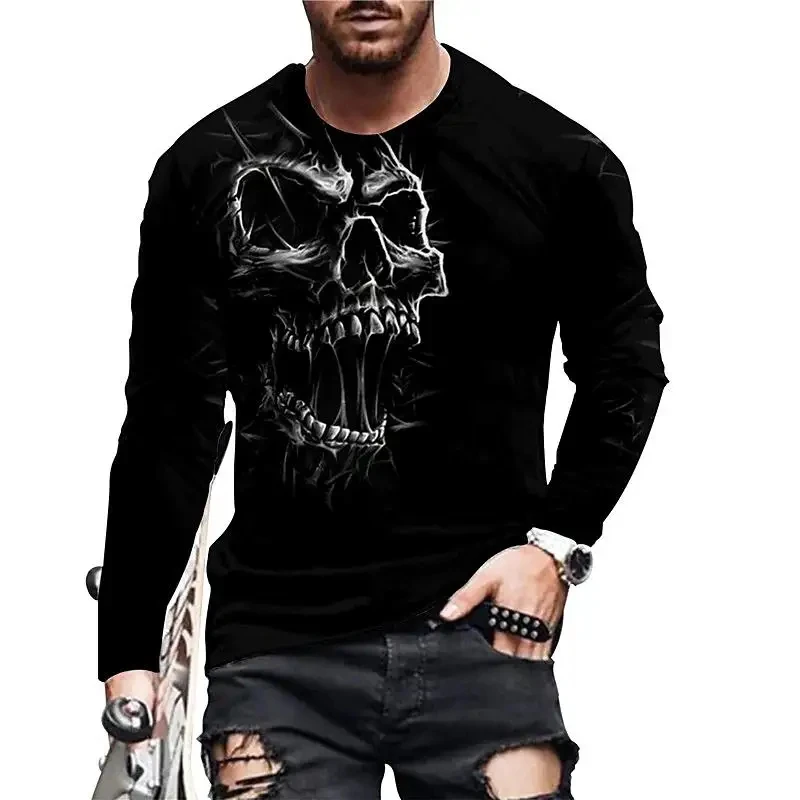 Fashion 3D Skull Print Long Sleeve T-shirts Hip Hop Trend Harajuku Men\'s T Shirt Casual O-neck Loose Tops Vintage Clothes