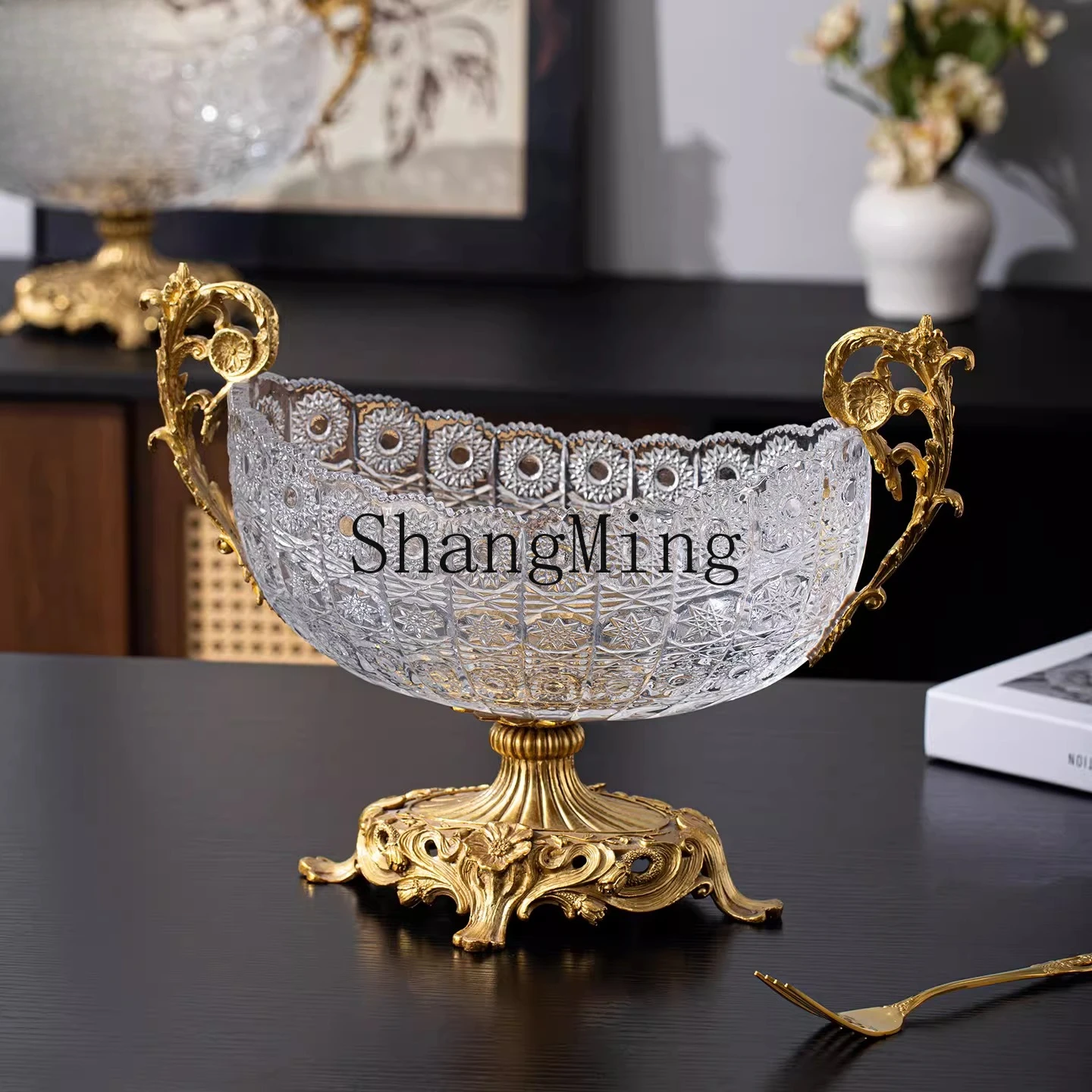 

DSA Home Decor High-End Copper Inlaid Crystal Glass Home Fruit Bowl Fruit Storage Art Ornament
