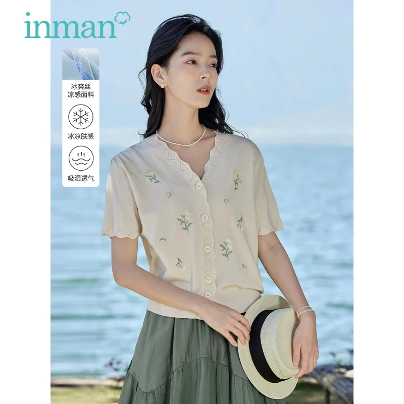 INMAN Women Knit Cardigan 2023 Summer Short Sleeve Wave V-neck Stretch Loose Tshirt Flower Embroidery Breathable Sweater Tops