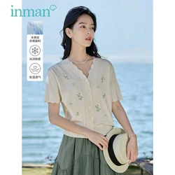 INMAN Women Knit Cardigan 2023 Summer Short Sleeve Wave V-neck Stretch Loose Tshirt Flower Embroidery Breathable Sweater Tops