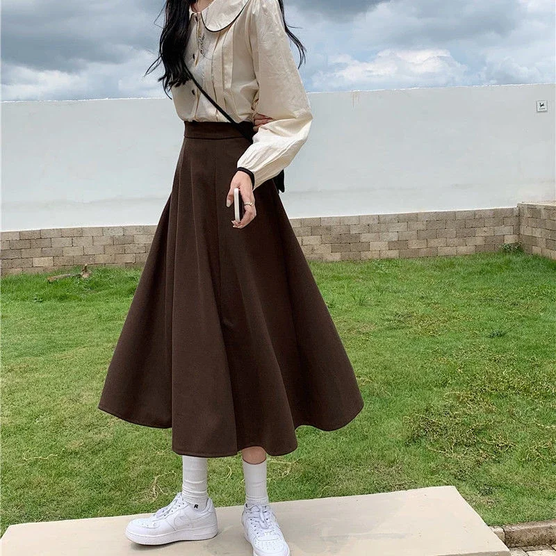 Langen Rock Frauen Midi A-line Solide Alle-spiel Weiche Französisch Elastische Taille Weibliche Zarte Kleidung Herbst Koreanischen Stil Reich faldas