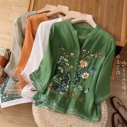 Shirts and Blouses Women's Clothing Sales High-grade Cotton and Linen Blouse Women's Summer Embroidered Stitching Button Shirt