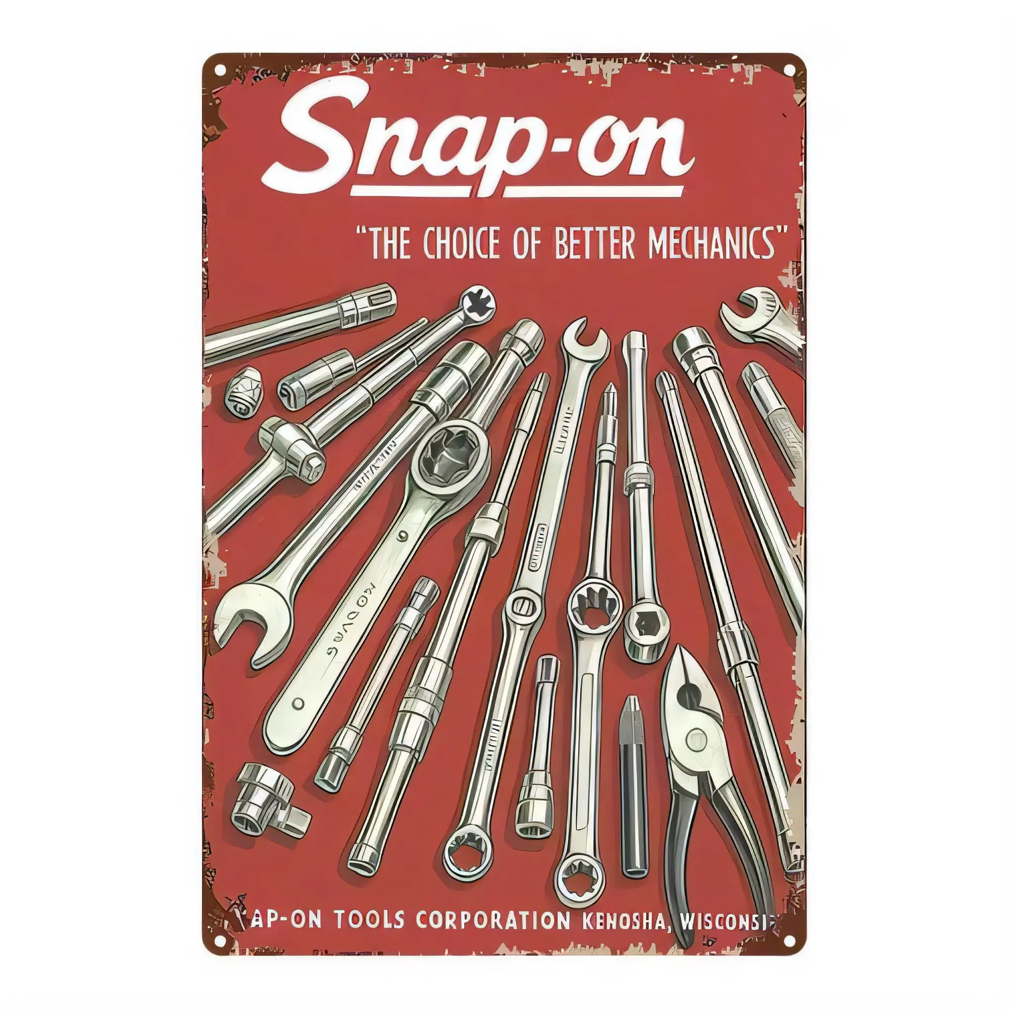 Tin Sign Vintage Snap-on Tools Metal Wall Art Garage Mechanic Decor Retro Poster, AP-ON Tools Corporation Kenosha Wisconsin Rust
