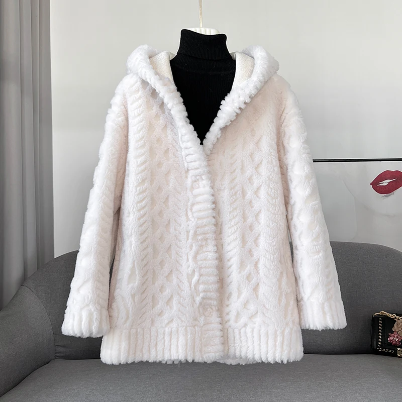 Lady Women Sheep Shearling Fur Winter Coat Female Girl Winter Warm Hooded Overcoat JT3296