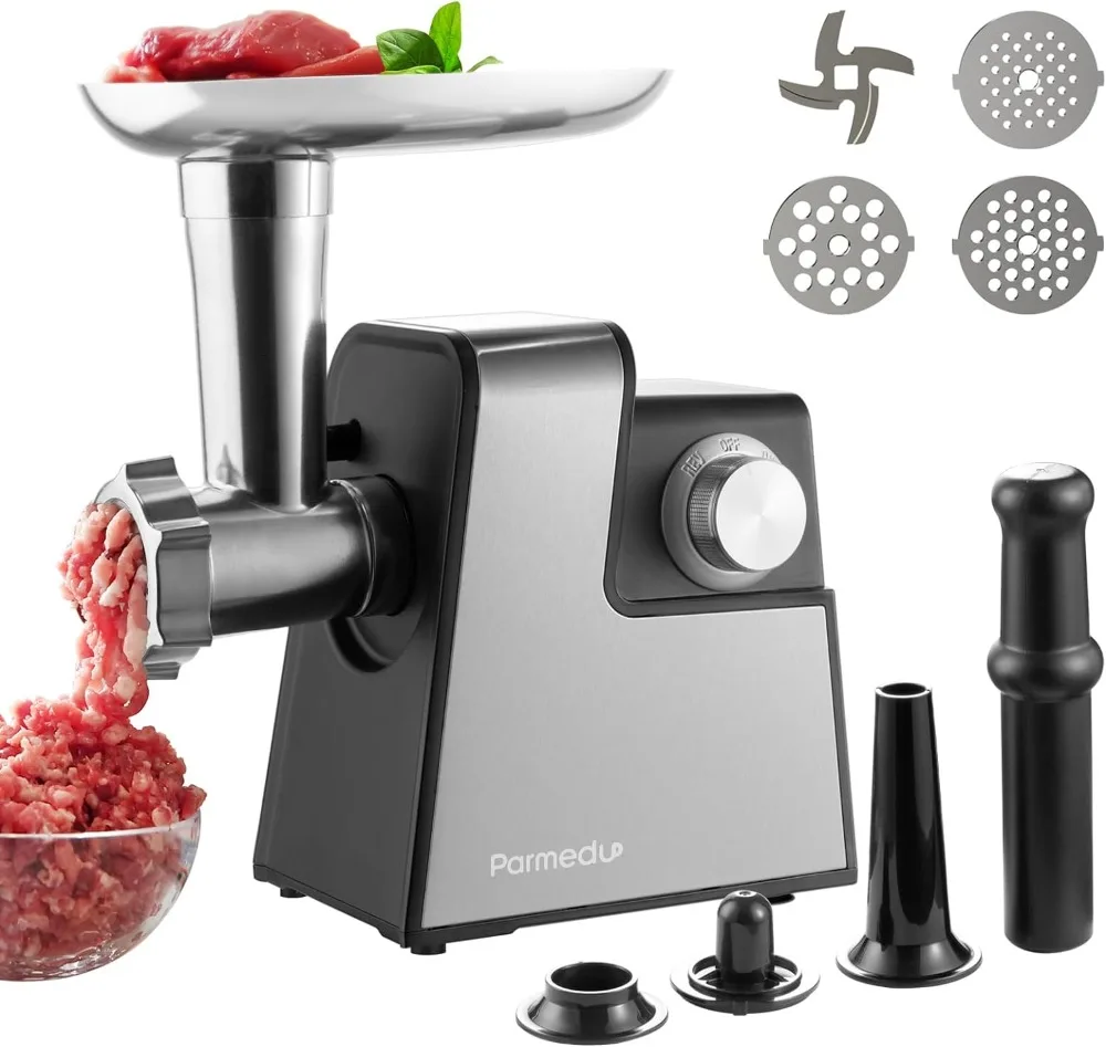 

Electric Compact Meat Grinder for Home Use: Meat Mincer with 3 Plates, Blade, Sausage Stuffer, Kibbeh Kit, Stainless Steel Meat