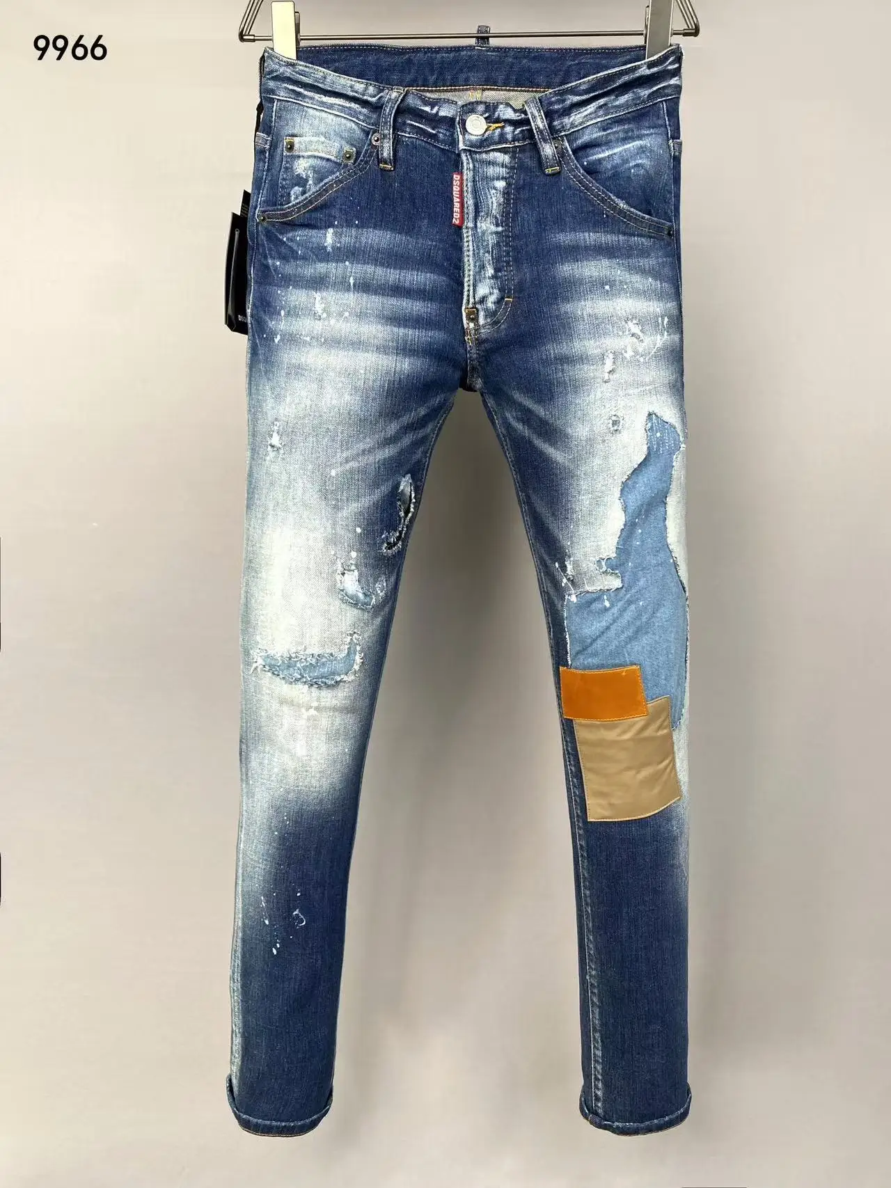

New D2 Trendy Men's Blue DSQ2 Jeans mid Waist Waed out Hole Patch Slim Fit Small Foot Spattered Ink Sle Casual Wear
