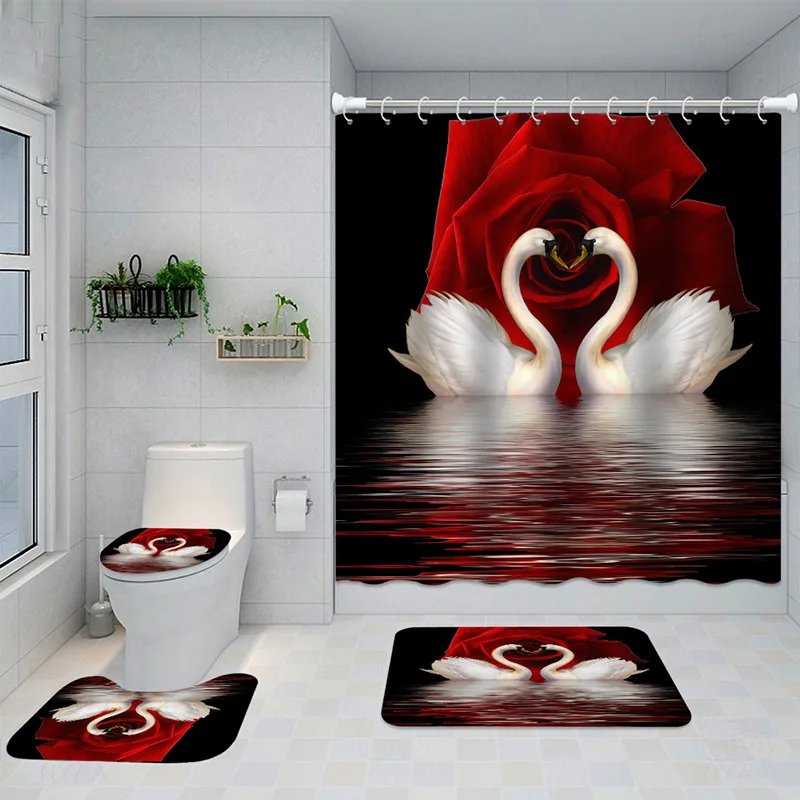 Valentine\'s Day Red Rose Flower Shower Curtain Waterproof Polyester Landscape Curtains Bathroom Shower Curtain And Rug Sets