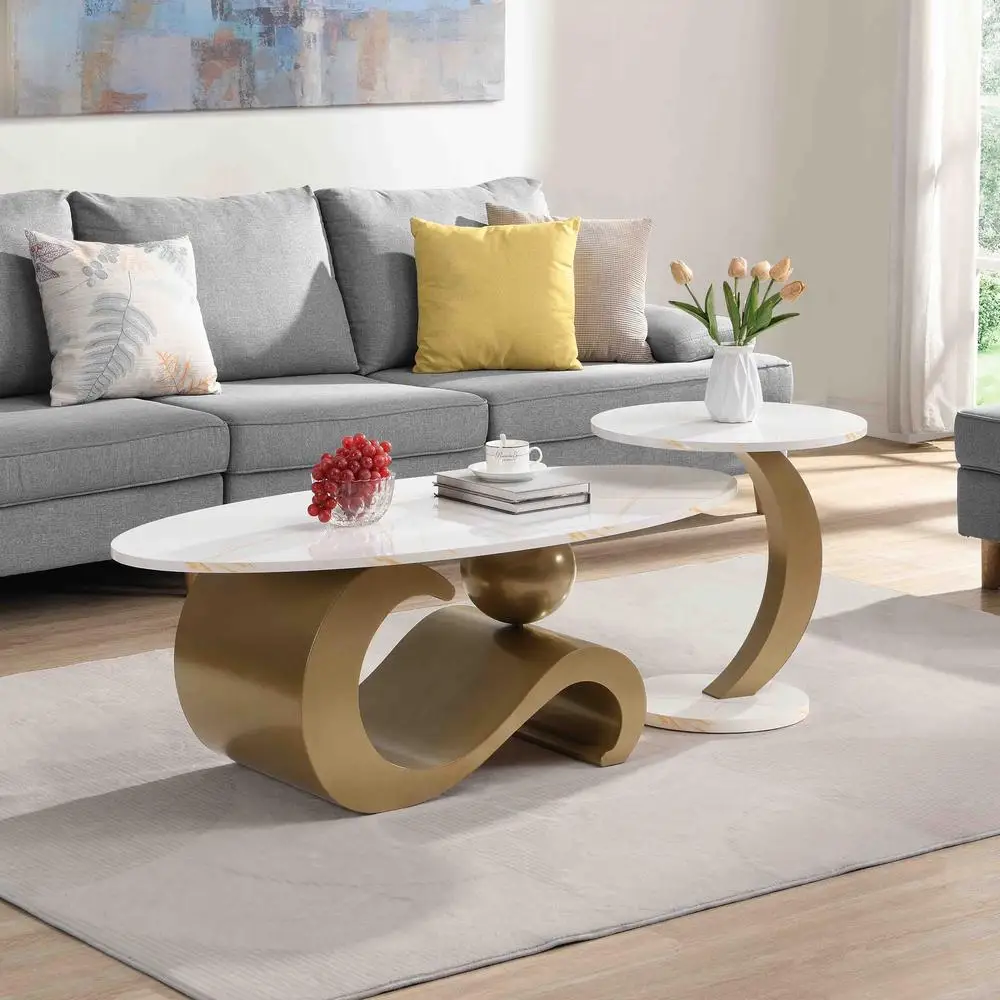 

Modern Nesting Coffee Table Set 2 Oval Round End Table Faux Marble Golden Metal Frame Living Room Furniture