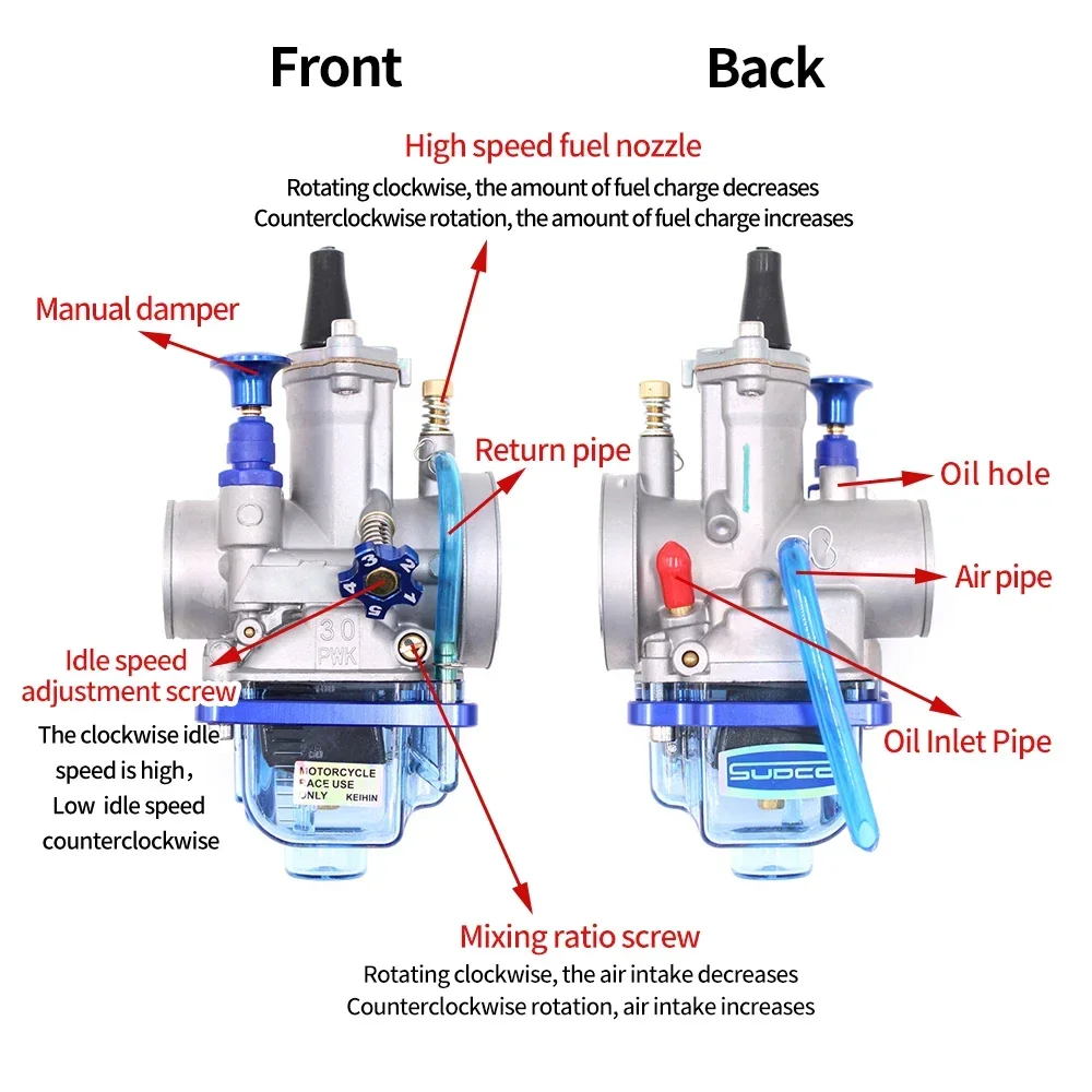 Motorcycle Flat Curtain Carburetor with Blue Transparent Carburetor Cover PWK 24 26 28 30 32 34mm Racing Carburetor 2T 4T