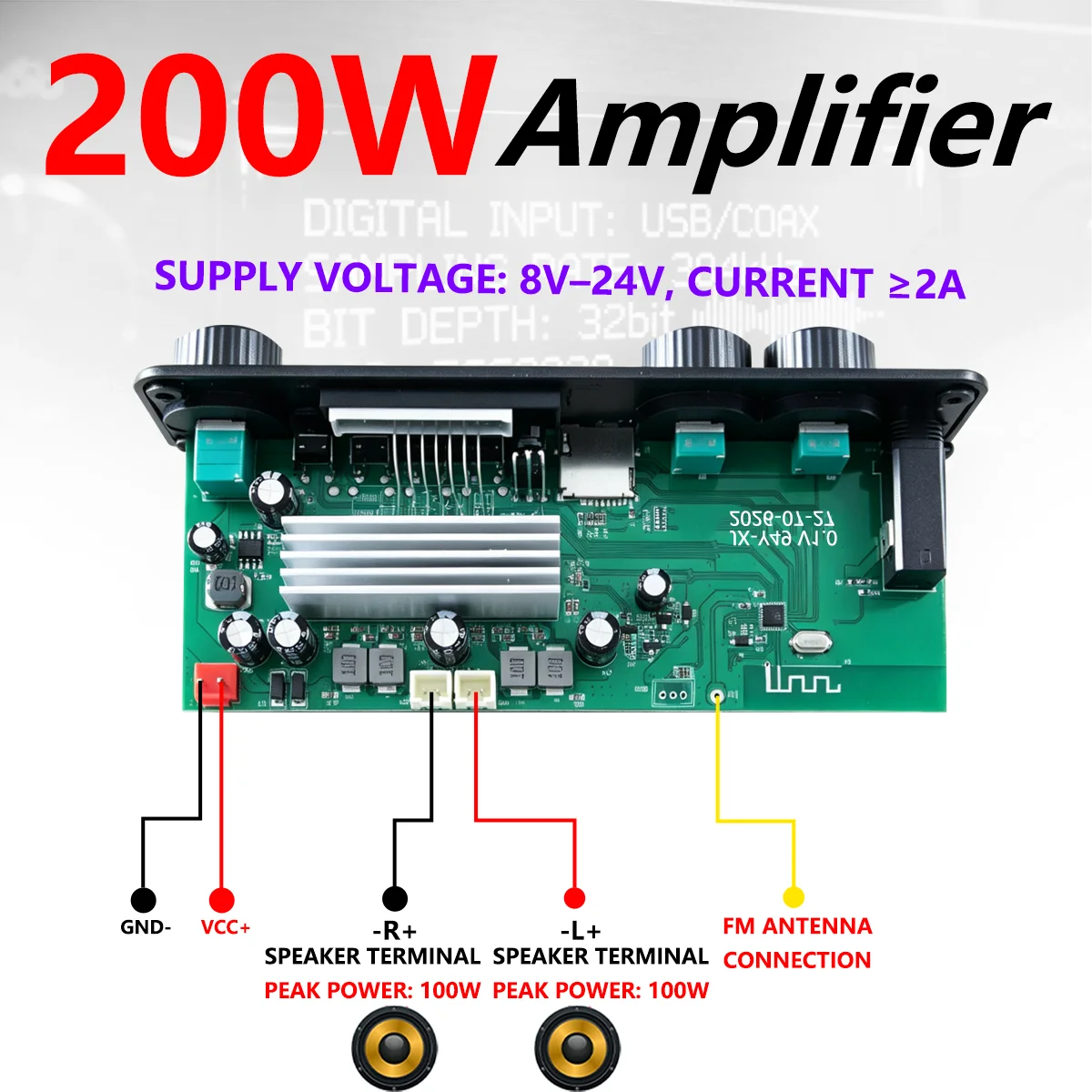 200W 2×100W Verstärkerplatine, Bluetooth-Audioverstärker mit Digital-Player, USB/TF/AUX/FM, Mikrofon & Fernbedienung für Auto, Zuhause, DIY – Detail 1