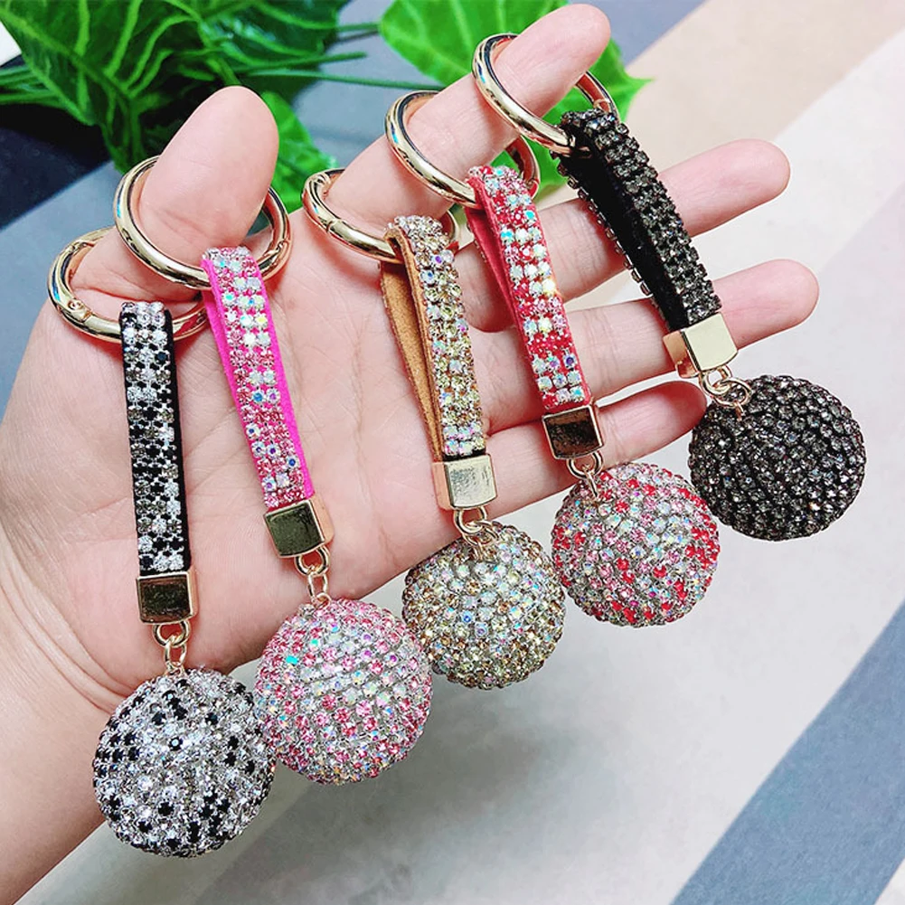 Fancy Fantasy New Strass Rhinestone High Quality Leather Strap Crystal Ball Car Keychain Charm Pendant Key Ring For Women Girl