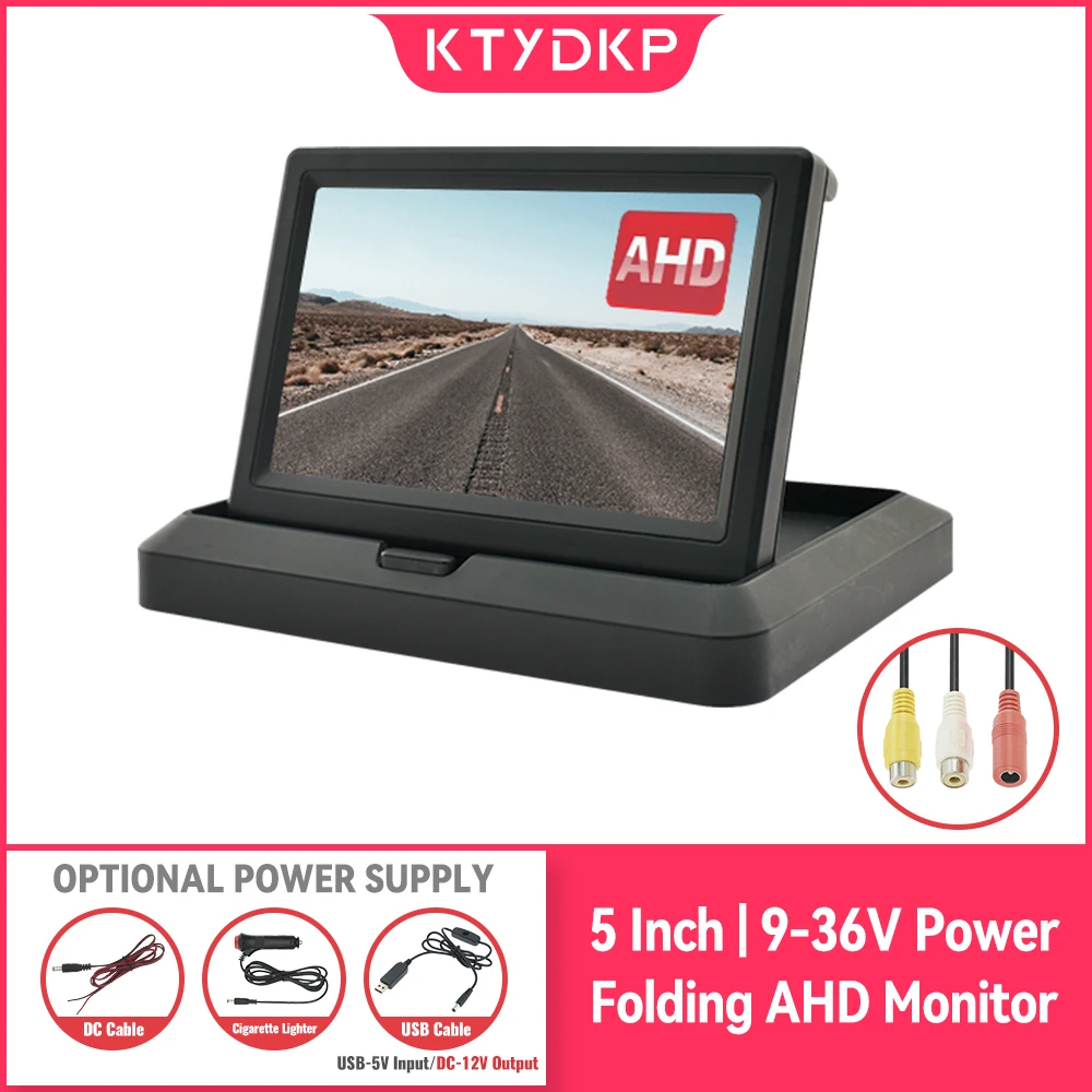 KTYDKP Car Folding Monitor Screen with 2 Way Video Input for Vehicle Rear View Camera Parking Backup Reverse 5 Inch TFT Display