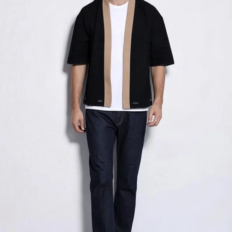 Wool Linen Cotton Men's Loose Haori Kimono Jacket, Casual Open Front Short Sleeve Thin Coat, Comfortable Streetwear Outerwear