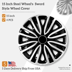 15 inch Sword Style Hubcaps Black & Silver Wheel Covers for Cars Set of 4 Fits Honda Volkswagen, Chevy, Mazda,Dodge Hub Caps