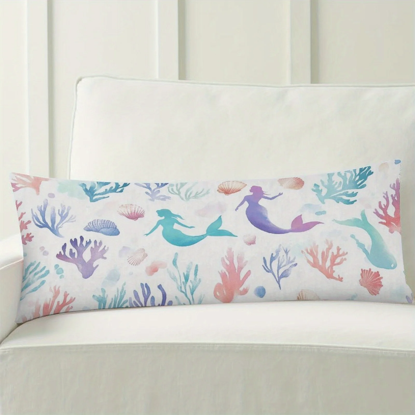 Mermaid Coral Sea Life Themed Body Pillow Cover, Fashionable Plush Long Bed Pillowcase, Soft Decorative Double-sided Printed Lar