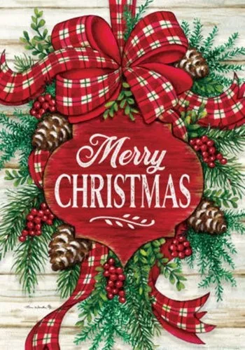 Merry Christmas Swag, Pinecones, Ribbon, House Flag 28"x40" Custom Decor 2 Sided JJE DDI GGX