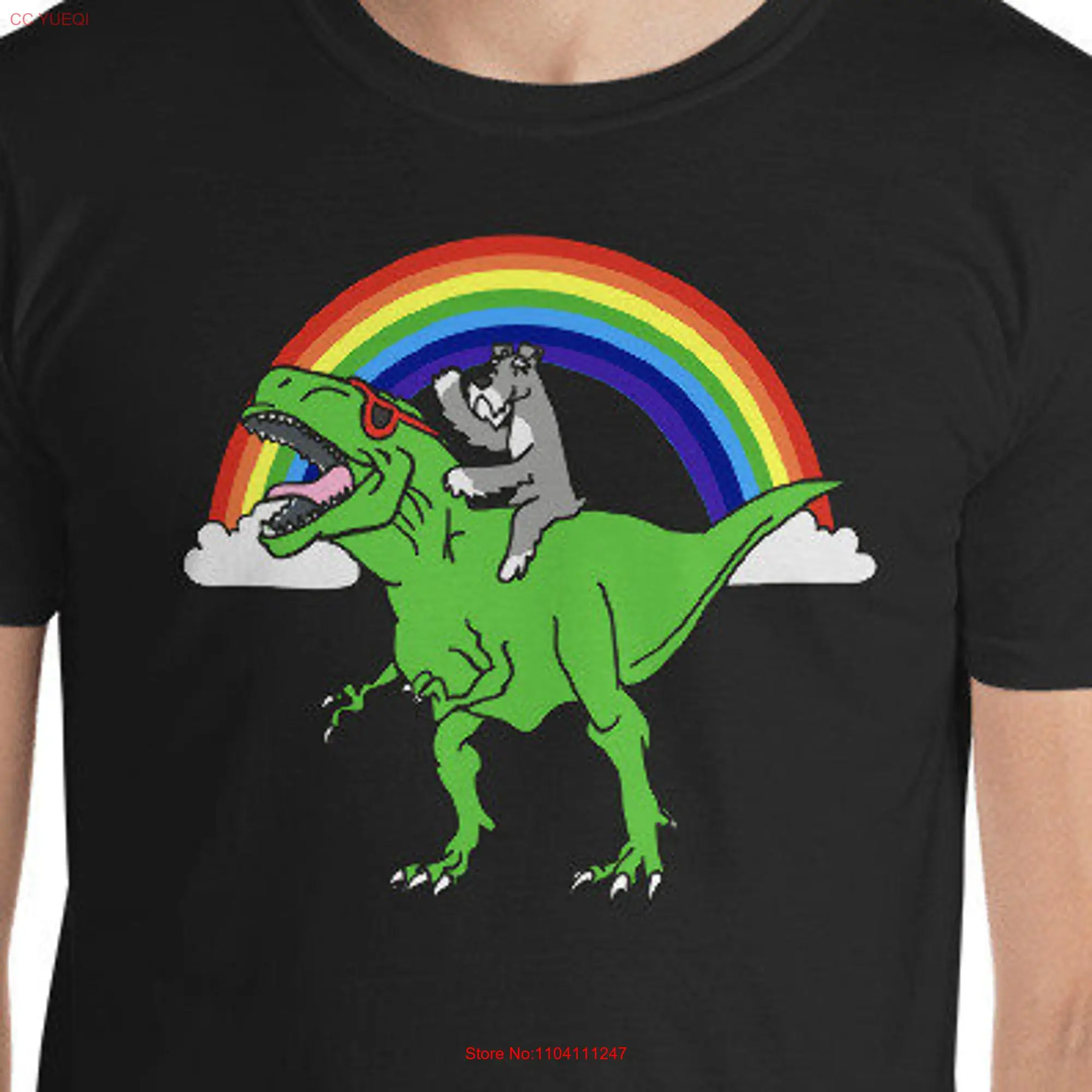 Schnauzer Riding T Rex Dinosaur Shirt Funny Miniature Rainbow long or short sleeves