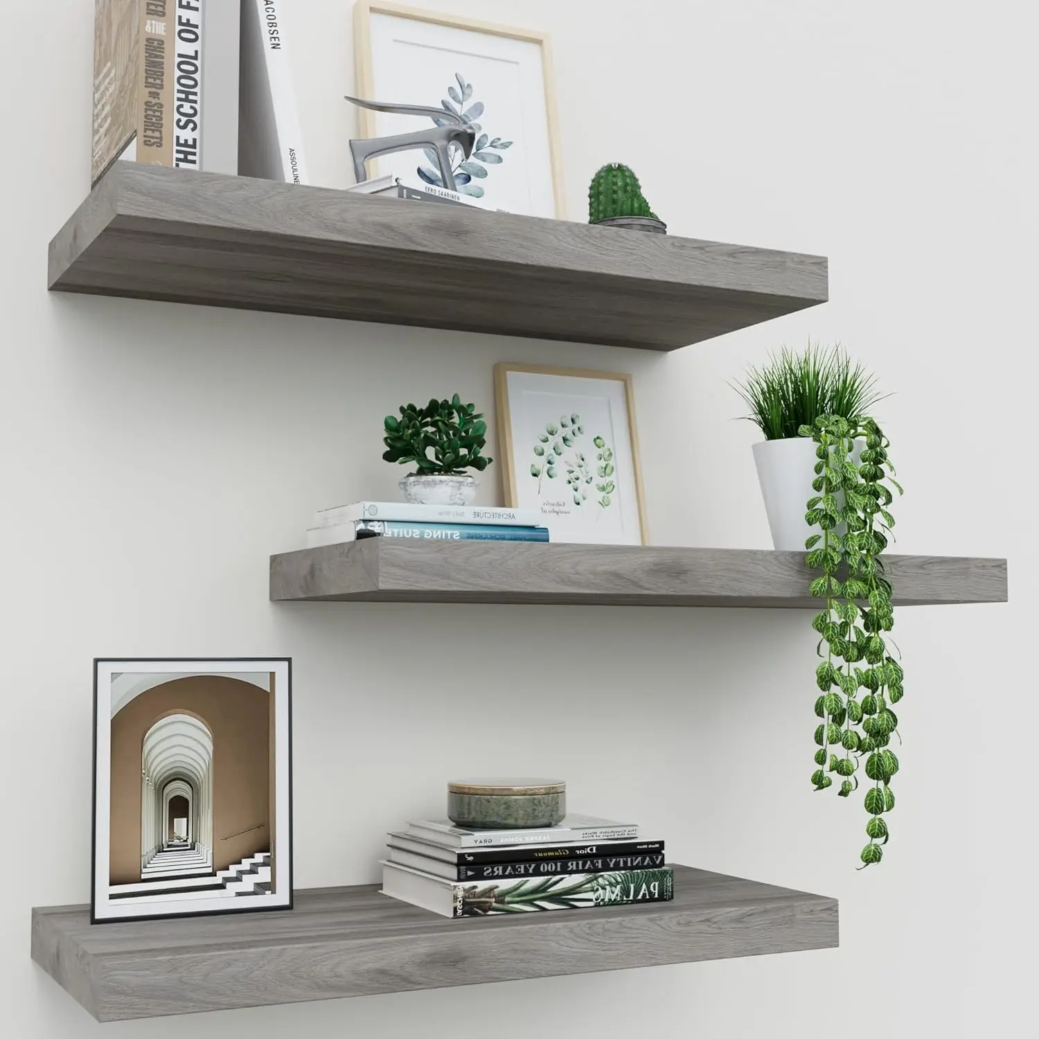 

Floating Shelves for Wall Set of 3, 16" Gray Wall Shelves for Home Decor, Frame Display Floating Shelf for Living Room,
