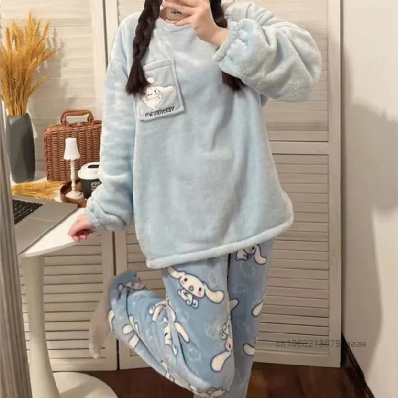 Sanrio Cinnamoroll Winter Women Coral Fleece Pajamas Thickened Loose Casual Cartoon Home Suit Set Y2k Sweet Girl Trend Sleepwear