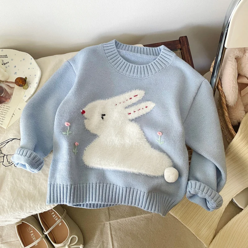 

Girls' Sweater2024Autumn New Children's Fashionable Cartoon Knitted Baby round Neck All-Matching Warm Top