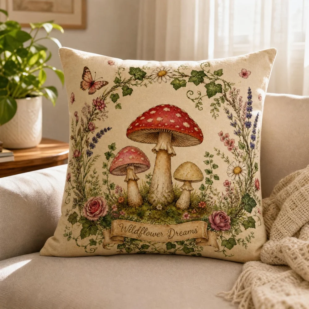 Vintage Wildflower Butterfly Square Throw Pillow Country Cottage Wildflower Dreams Linen Decorative Cushion for Sofa Home Decor