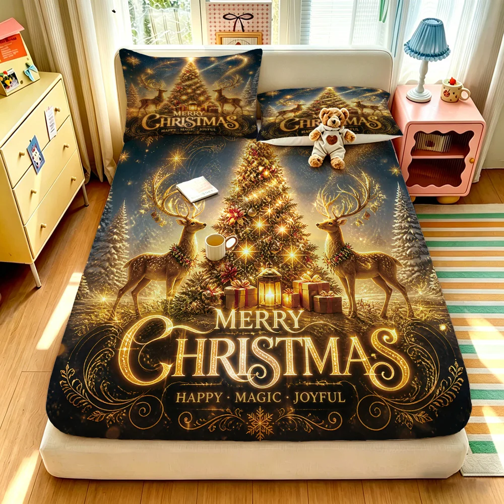 3PCS Christmas Reindeer Xmas Tree MERRY CHRISTMAS Print Duvet Cover Set No Insert Soft Washable 1 Duvet Cover 2 Pillowcases B