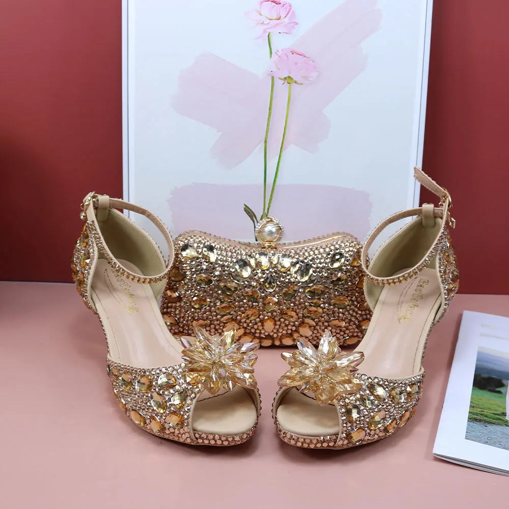 Champagne gold Crystal flower Wedding Bridal shoes with Bag Set Luxury rhinestone Open Toe party dress shoes Pumps Peep Toe