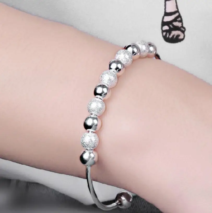 Hot Sale Women 925 Sterling Silver Lucky Beads Bangles Open Cuff Bracelets & Bangles Jewelry pulseras of Female S-B15