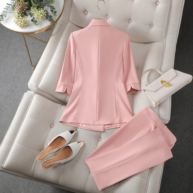 Pink Suits Women Fashion New 2023 Spring Temperament Porfessional Slim Half Sleeve Blazer And Pants Office Ladies Work Wear