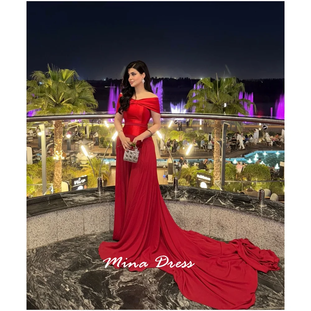 

Mina Customized Red Elegant Party Dresses Woman Fall Shoulders Prom Dresses 2025 Back-length Tail Wedding Party Dress Evening