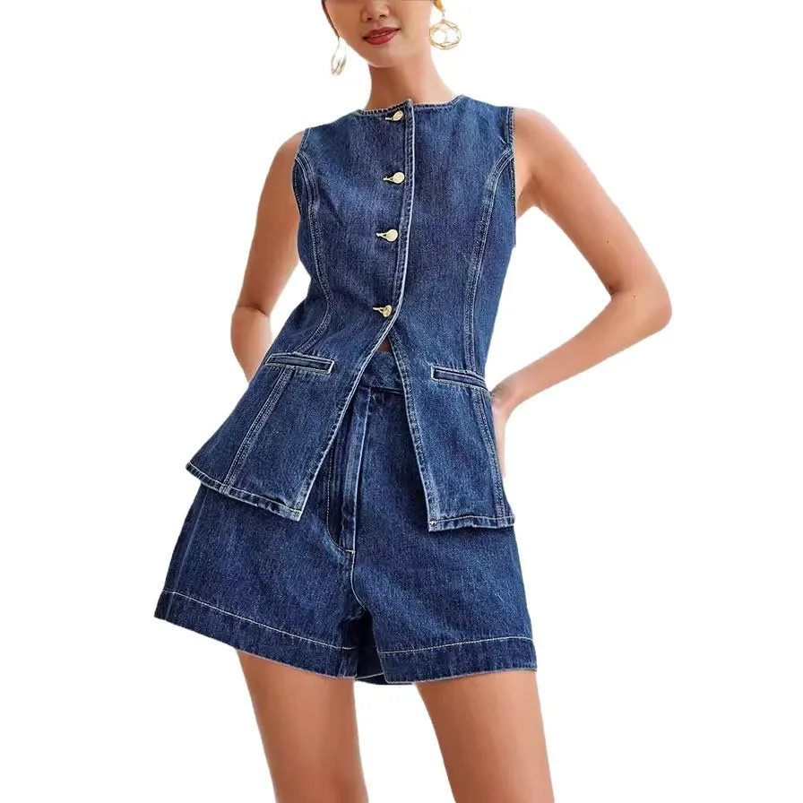 Sleeveless High Waist Sets Edgy Street with Streetwear Summer Enzyme Washed Autumn Spring Distressed Capri Pants Women Shorts