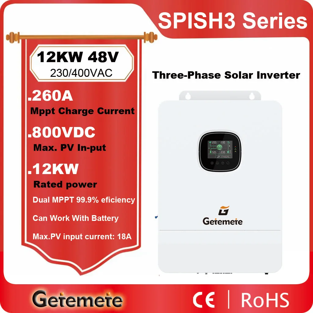 GTMT Hybrid Solar Inverter Three-Phase 12KW  48VDC To 230/400VAC PV 800VDC Max Built-in Dual MPPT 260A Charger Controller