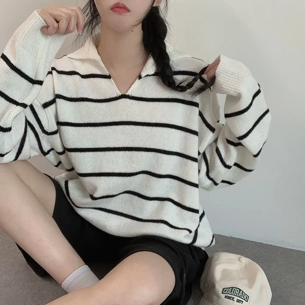 

Ретро Sle College Preppy Lazy Повседневный трикотаж с отложным воротником Антивозрастной женский свитер с капюшоном из полиэфирного волокна