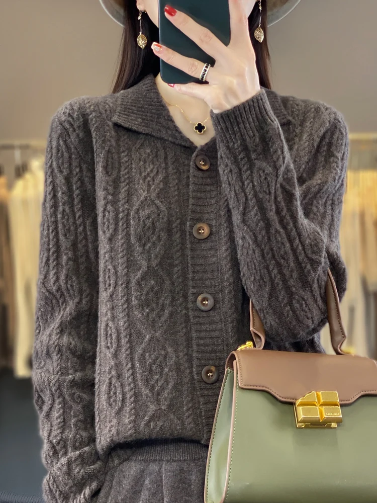 New Chic Women Cable Knit Sweater Thick Cardigan Autumn Winter 100% Merino Wool Long Sleeve Warm Cashmere Knitwear Korean Top