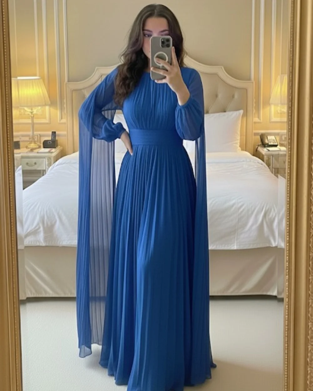 Personalizado estilo moderno gasa plisado acanalado chal drapeado una línea cuello redondo vestidos largos vestidos de noche tamaños modestos disponibles