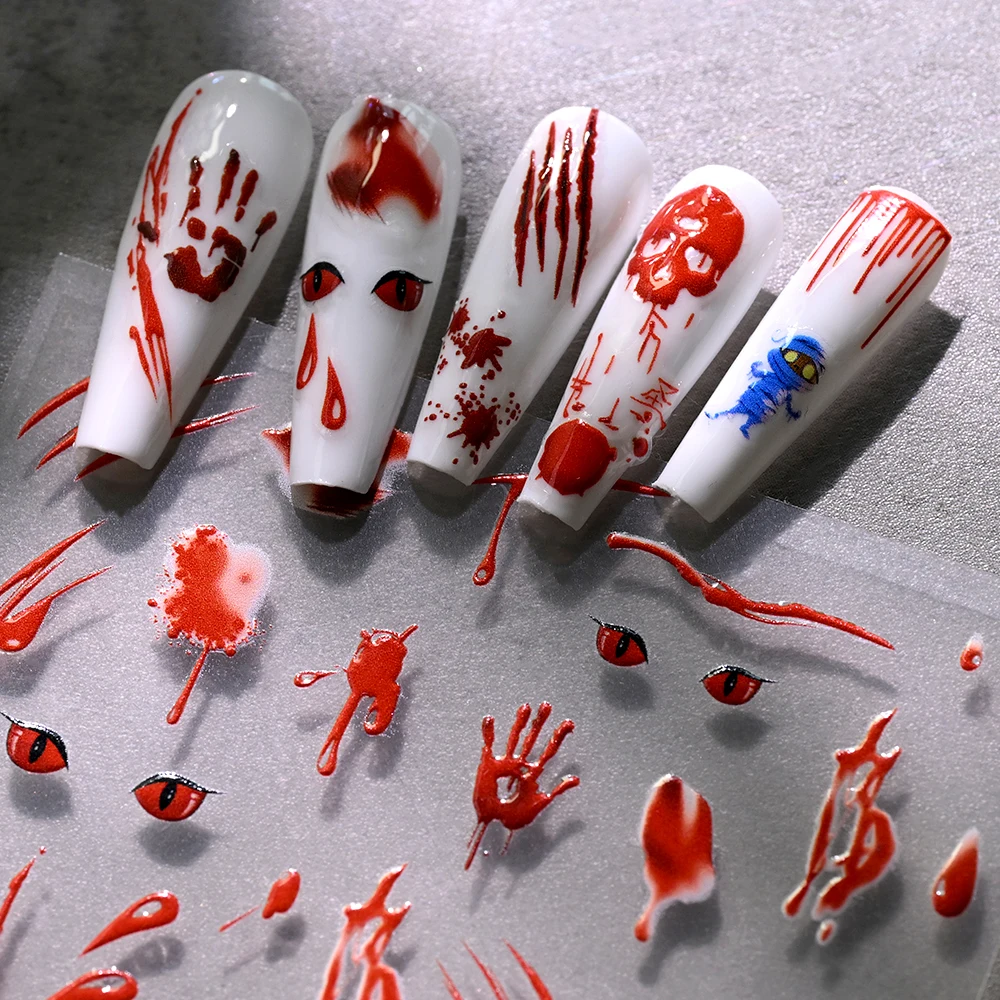 1개 5D 할로윈 네일 스티커 호박/빨간 눈알/해골/만다라 꽃 휴일 네일 아트 데칼 셀프 접착 매니큐어 슬라이더