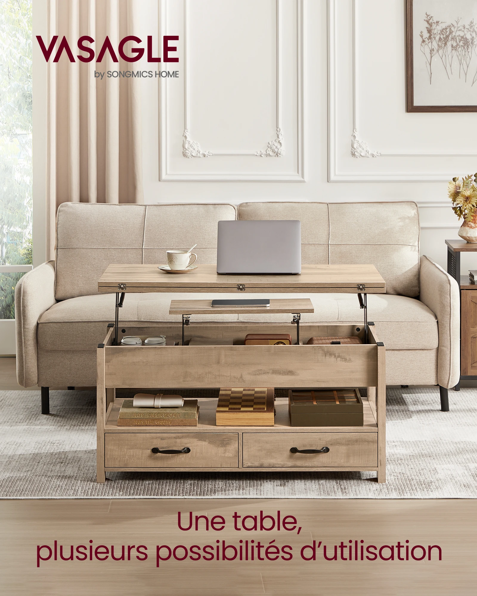 Table Basse, Table de Salon Relevable, Vérin à Gaz, 2 Tiroirs et 3 Compartiments sous Le Plateau, 1 Compartiment Ouvert, pour Salon, Bureau