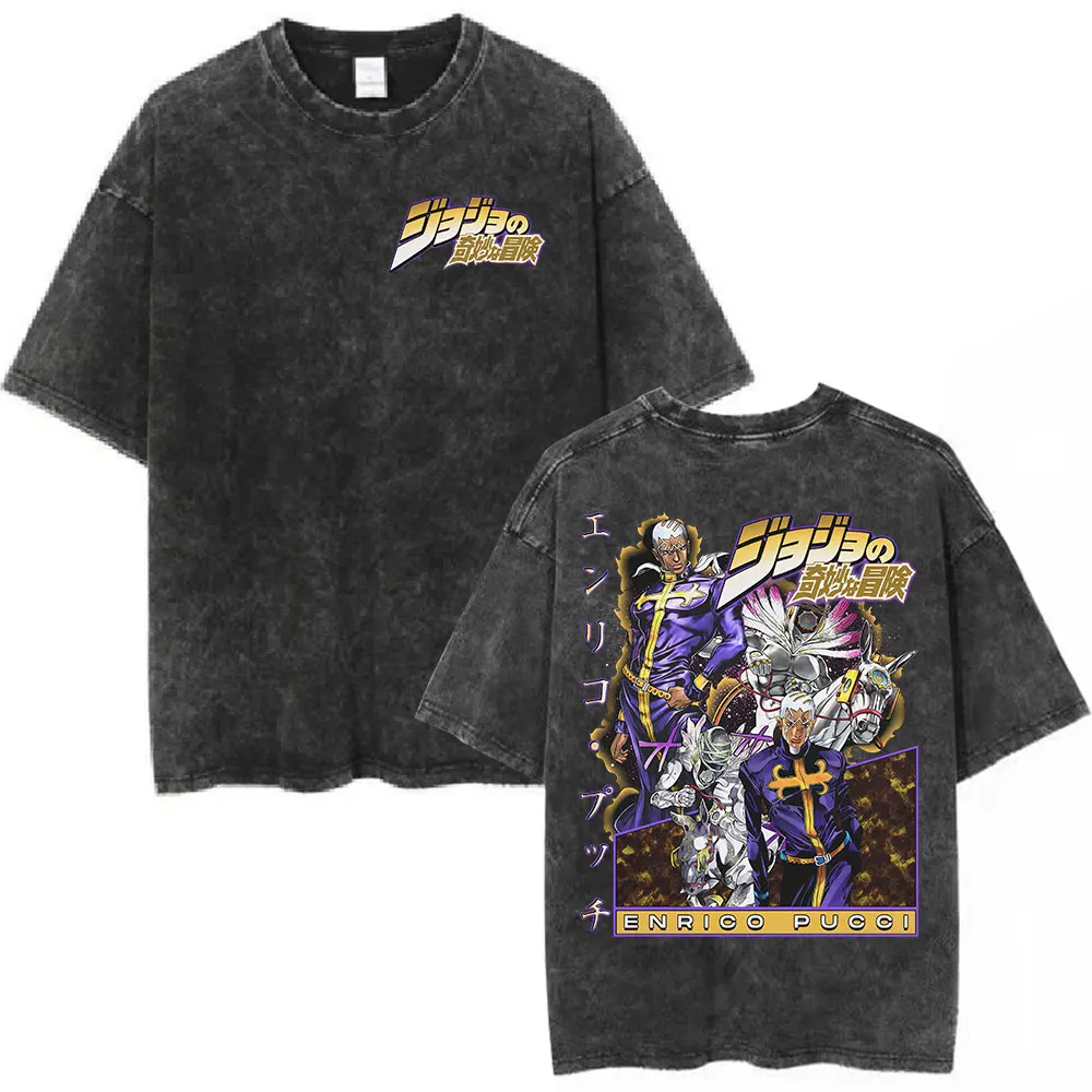 Vintage Washed Anime JoJo Bizarre Adventure Jan Pierre Polnareff T-shirts Men Women Clothing Fashion Casual Loose T Shirts Tops