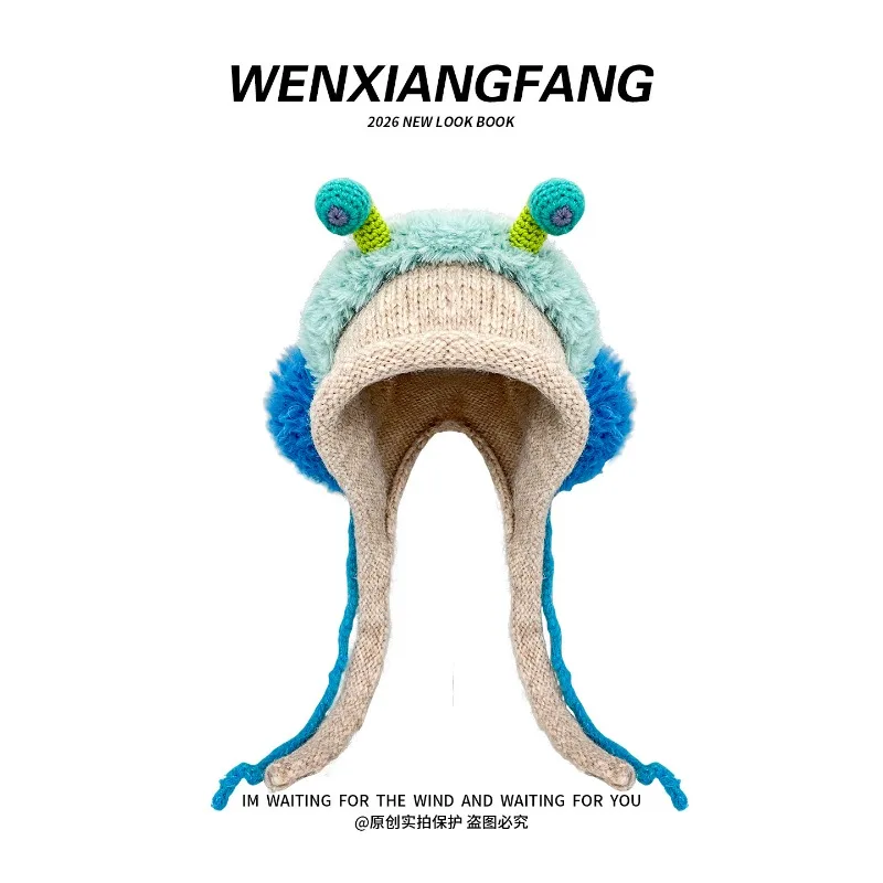 Niedliche, lustige Y2k-Plüsch-Monstermütze, gestrickte Mütze für Damen, Winter, mit Riemen für Wärme und Ohrenschutz, Bomber-Mütze – Detail 7