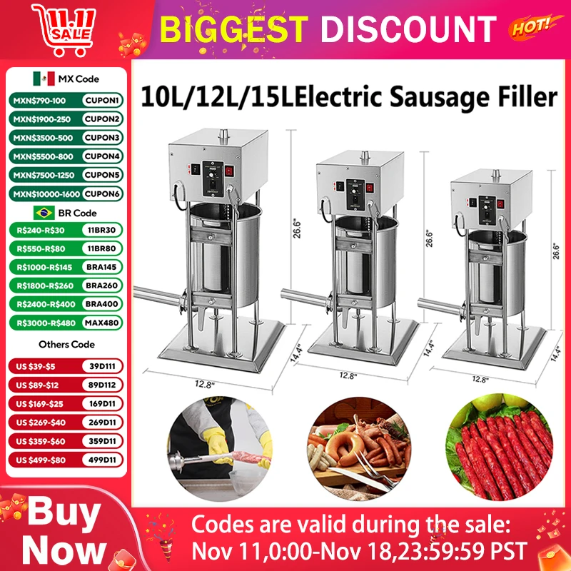 Vertical Electric Sausage Stuffer For Home 10L/12L/15L Home Appliance for Hot Dog Stainless Steel Filler Maker With 4 Nozzles