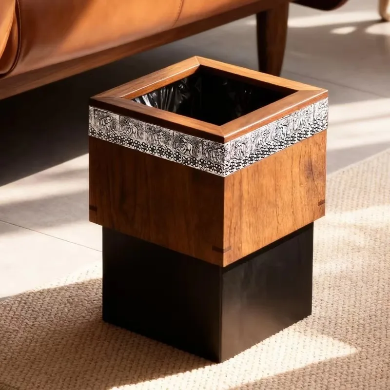 Mid-Century Solid Wood Trash Can, Luxury Living Room Paper Basket, Vintage Chinese Kitchen Bin, High-End Bedroom Bin