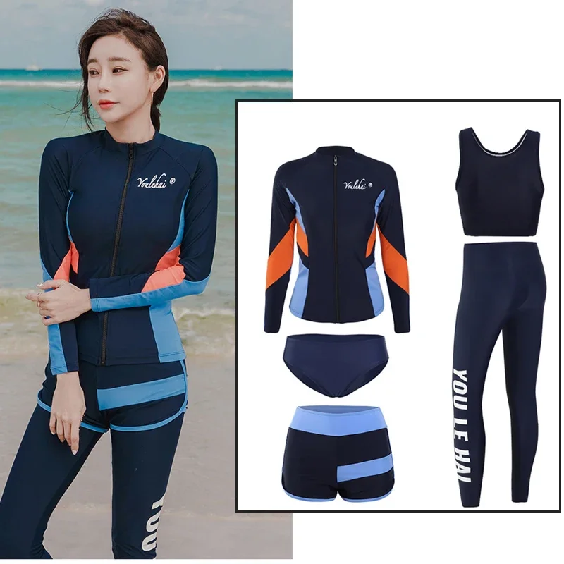 

5pcs Women's Zip Rash Guard Shirt+Tights W/ Bikini Swimsuits Water Surfing Workout Sports Gym Yoga Outfits Activewear Tracksuit