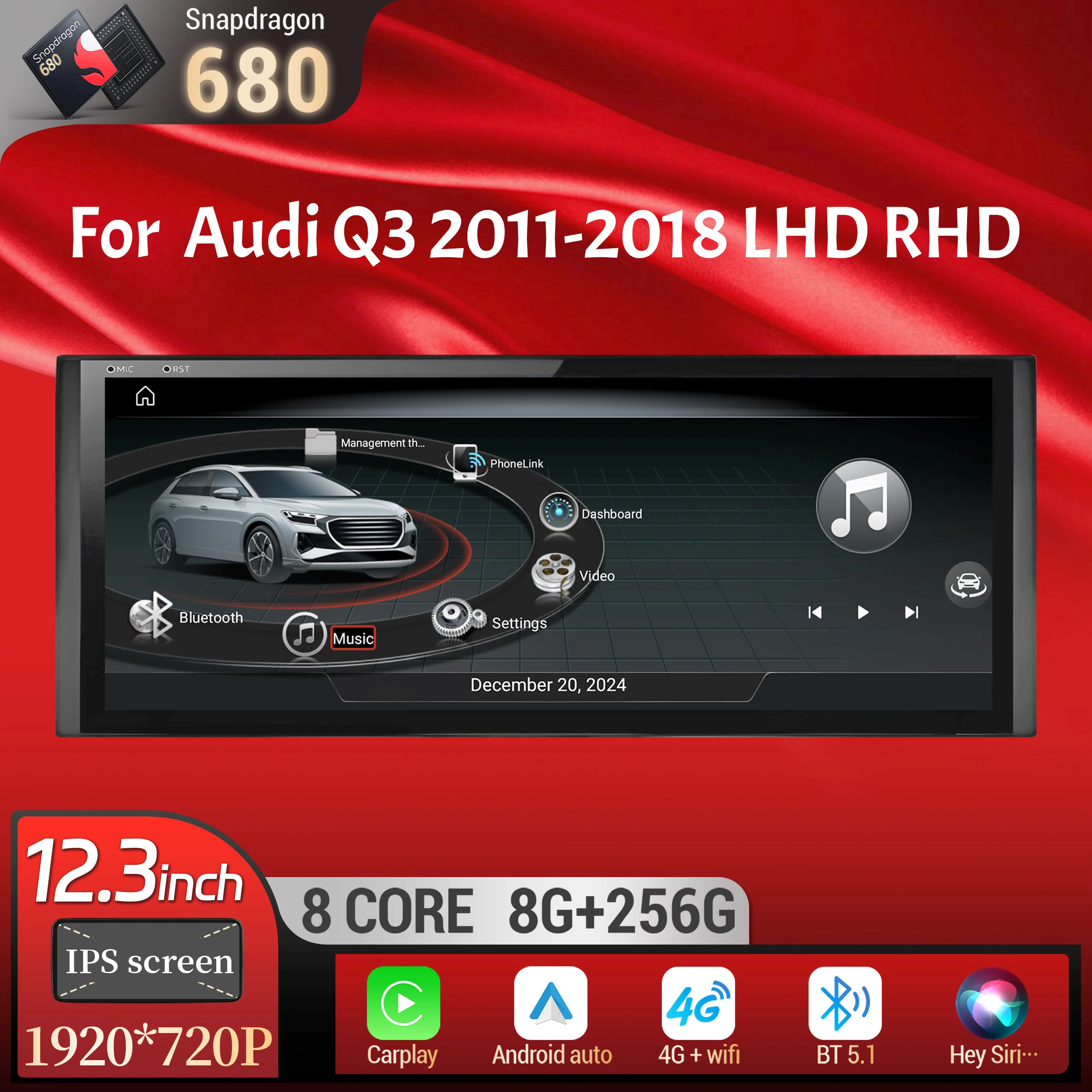 

12.3 inch Android 14 Car Radio For Audi Q3 2011-2018 Wireless Bluetooth Carplay Qualcomm Snapdragon 680 System Head Unit Screen