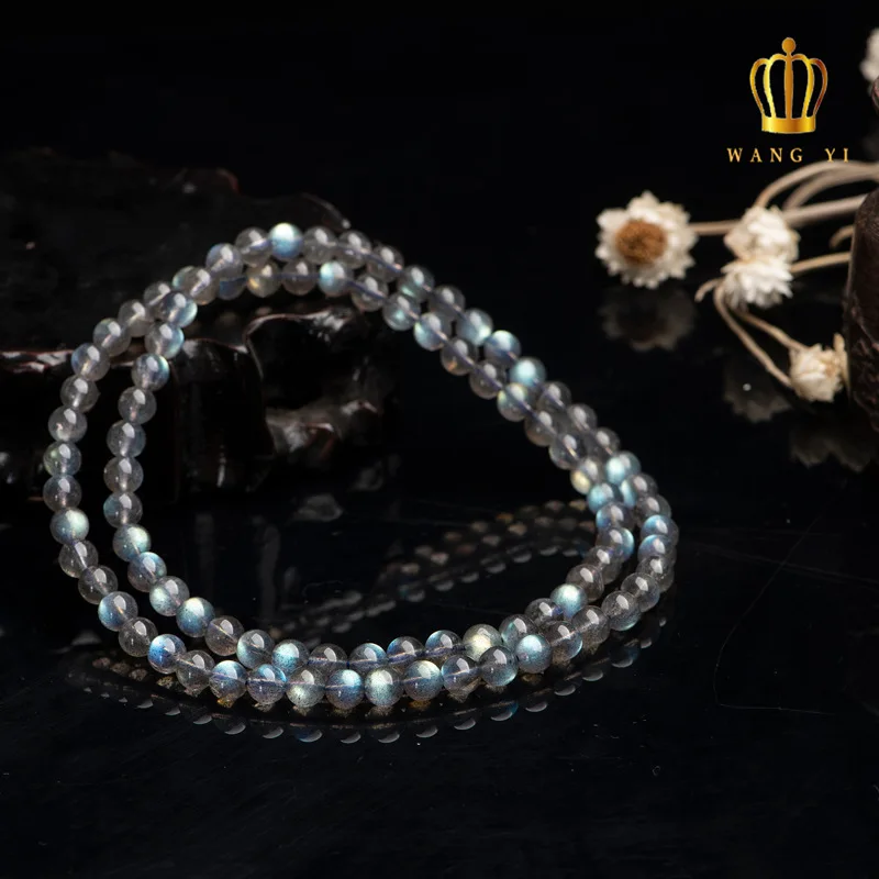 Natural Bracelet Gray Moonlight Blue Light Labradorite Three Rings Buddha Beads Wangyi Jewelry Factory Direct Sales